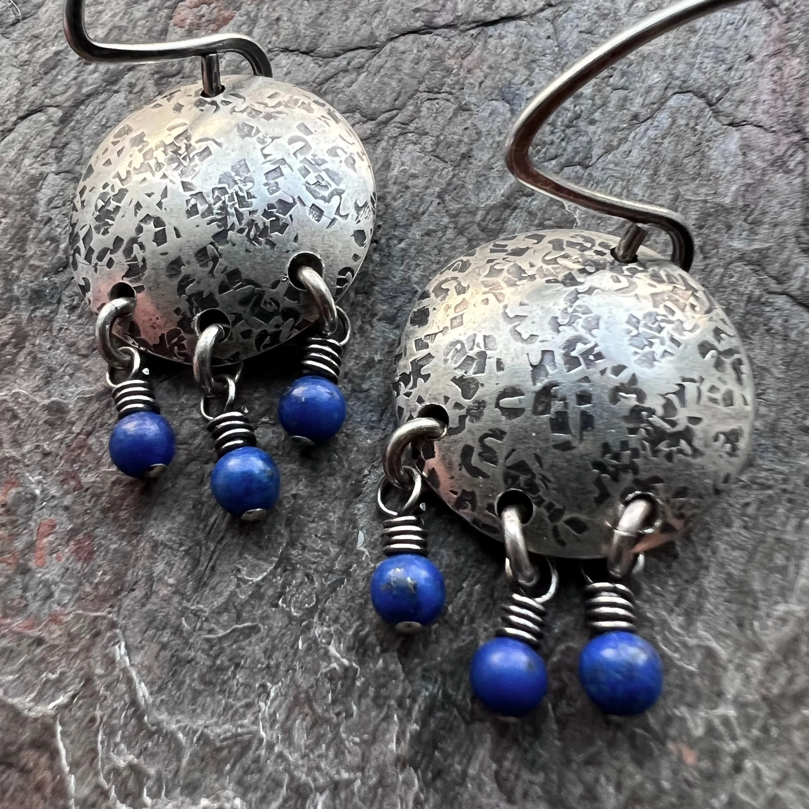 Sterling Silver Lapis Earrings Beaded Genuine Lapis Lazuli and Silver Circle Blue Dangle Earrings