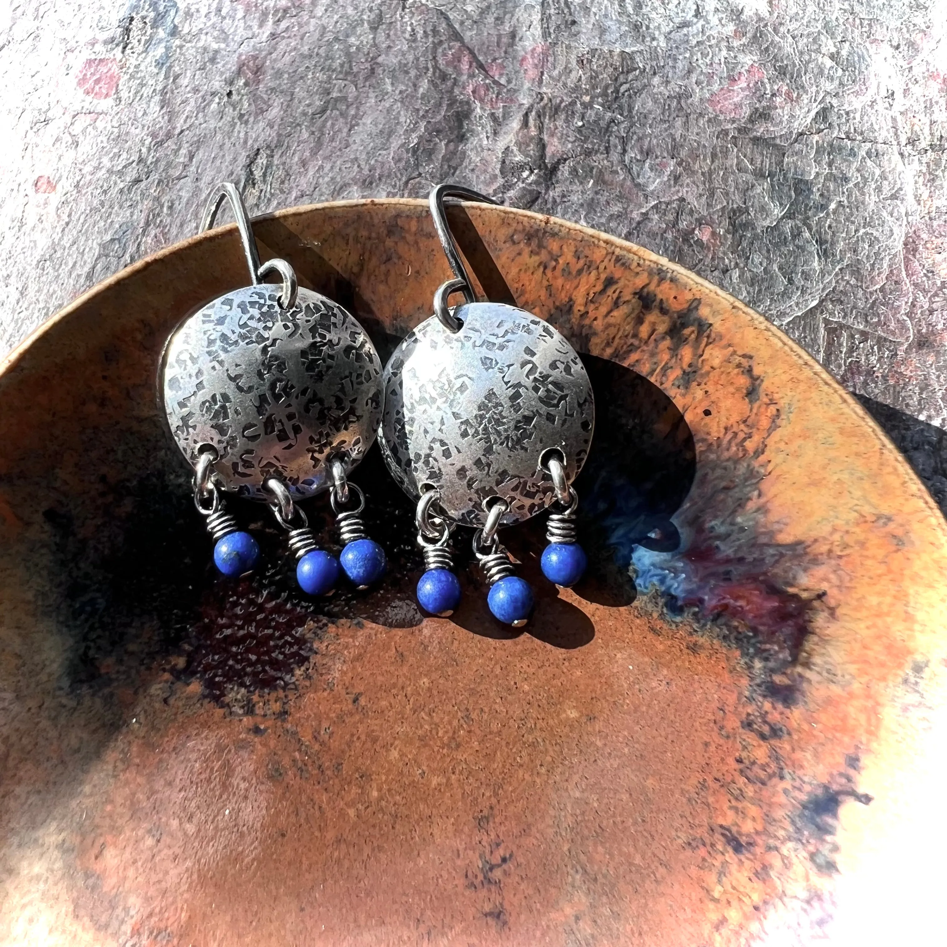 Sterling Silver Lapis Earrings Beaded Genuine Lapis Lazuli and Silver Circle Blue Dangle Earrings