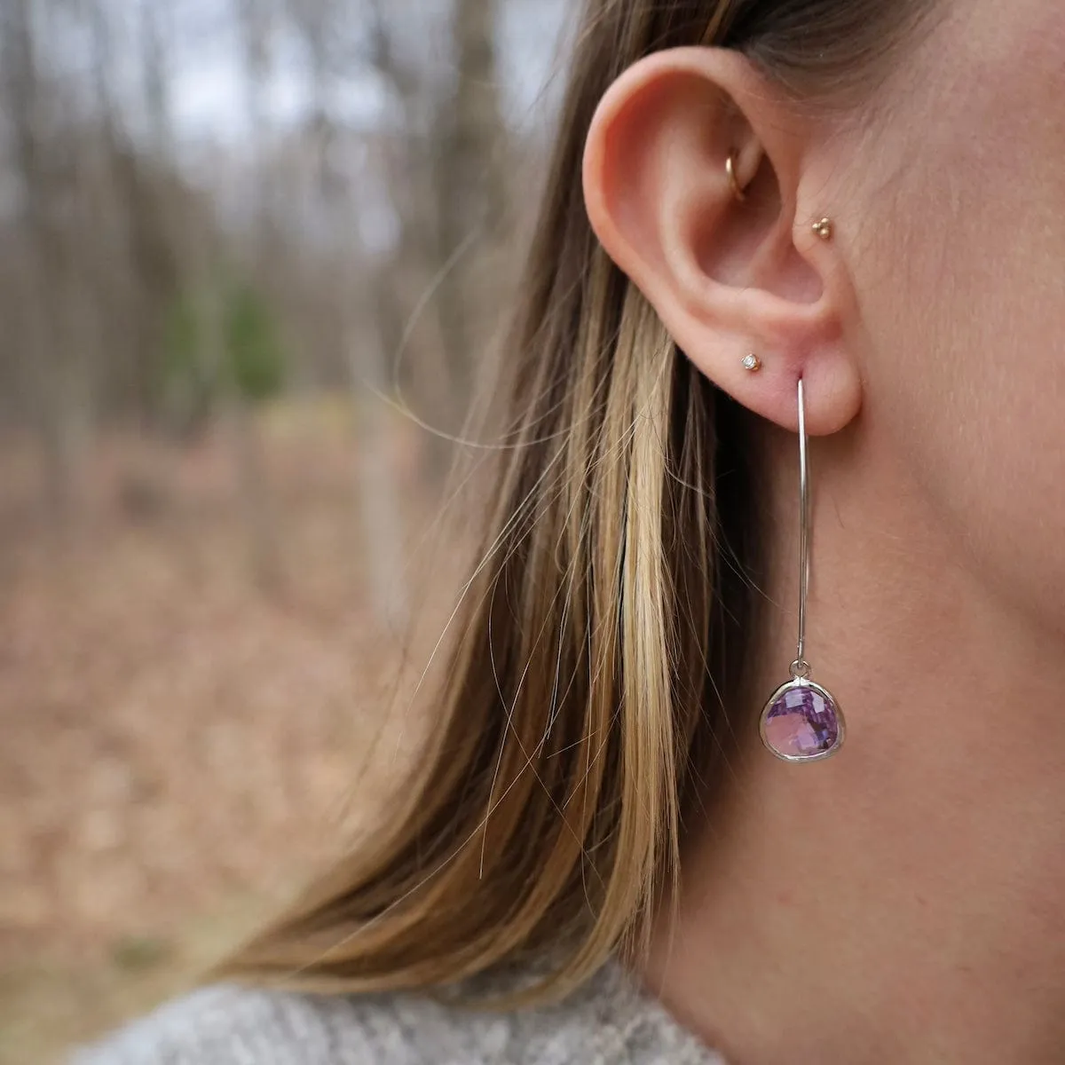 Sterling Silver Long Papaya Jade Crystal Drop Earrings