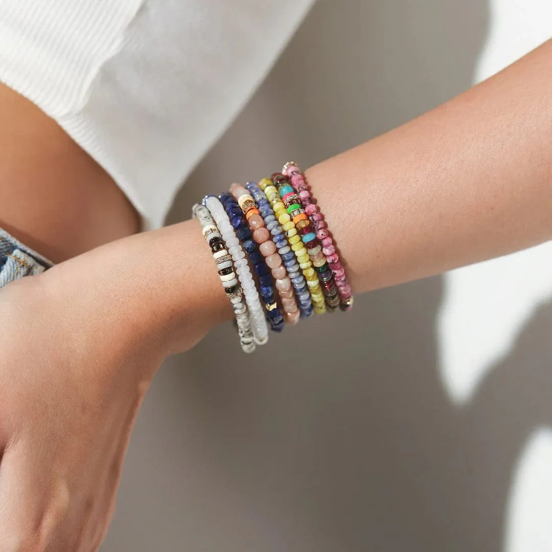 TAI Semi-Precious Stretch Bracelet with Colored and CZ Rondelles - Peach Moonstone