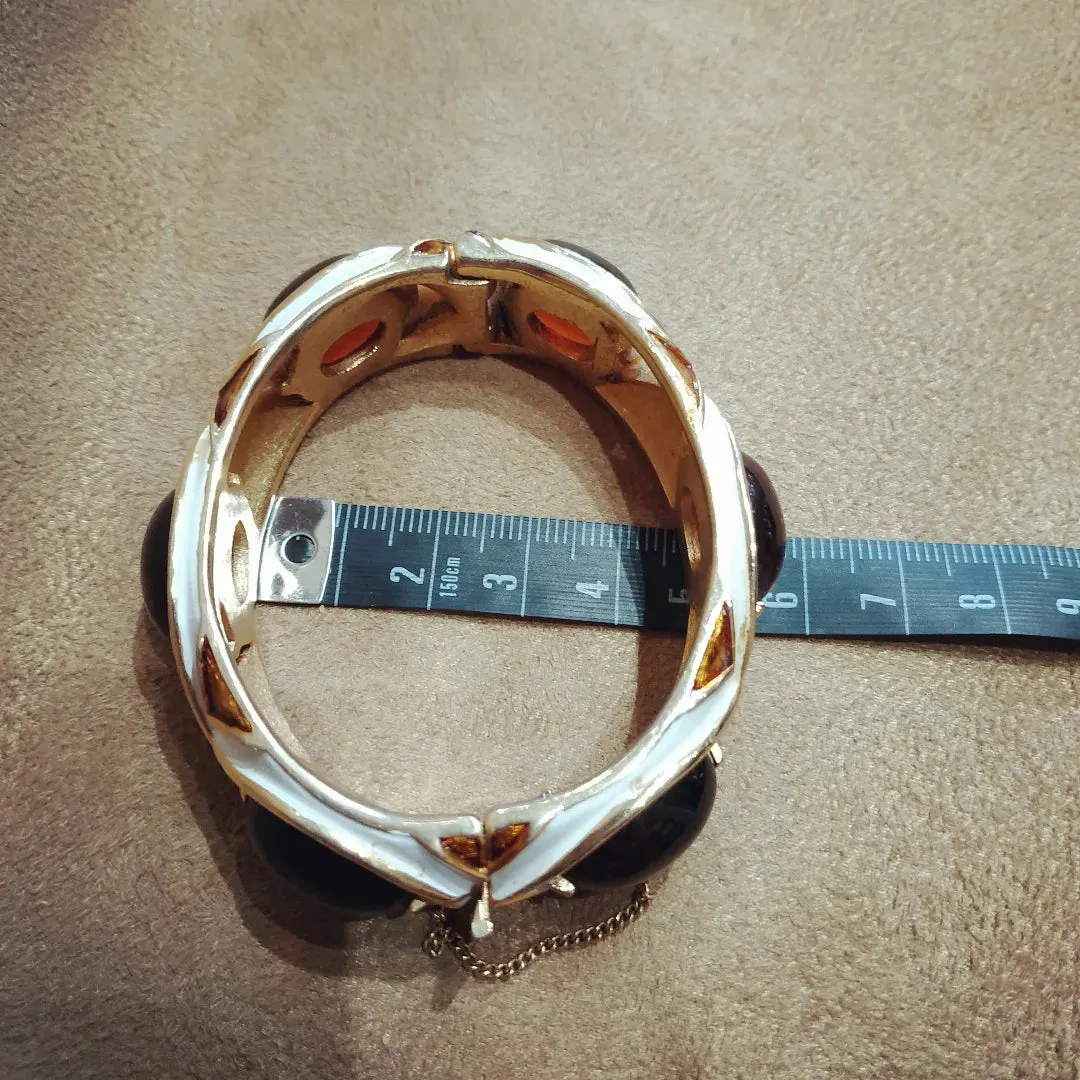 Trifari white enamel Amber brown clamper bangle
