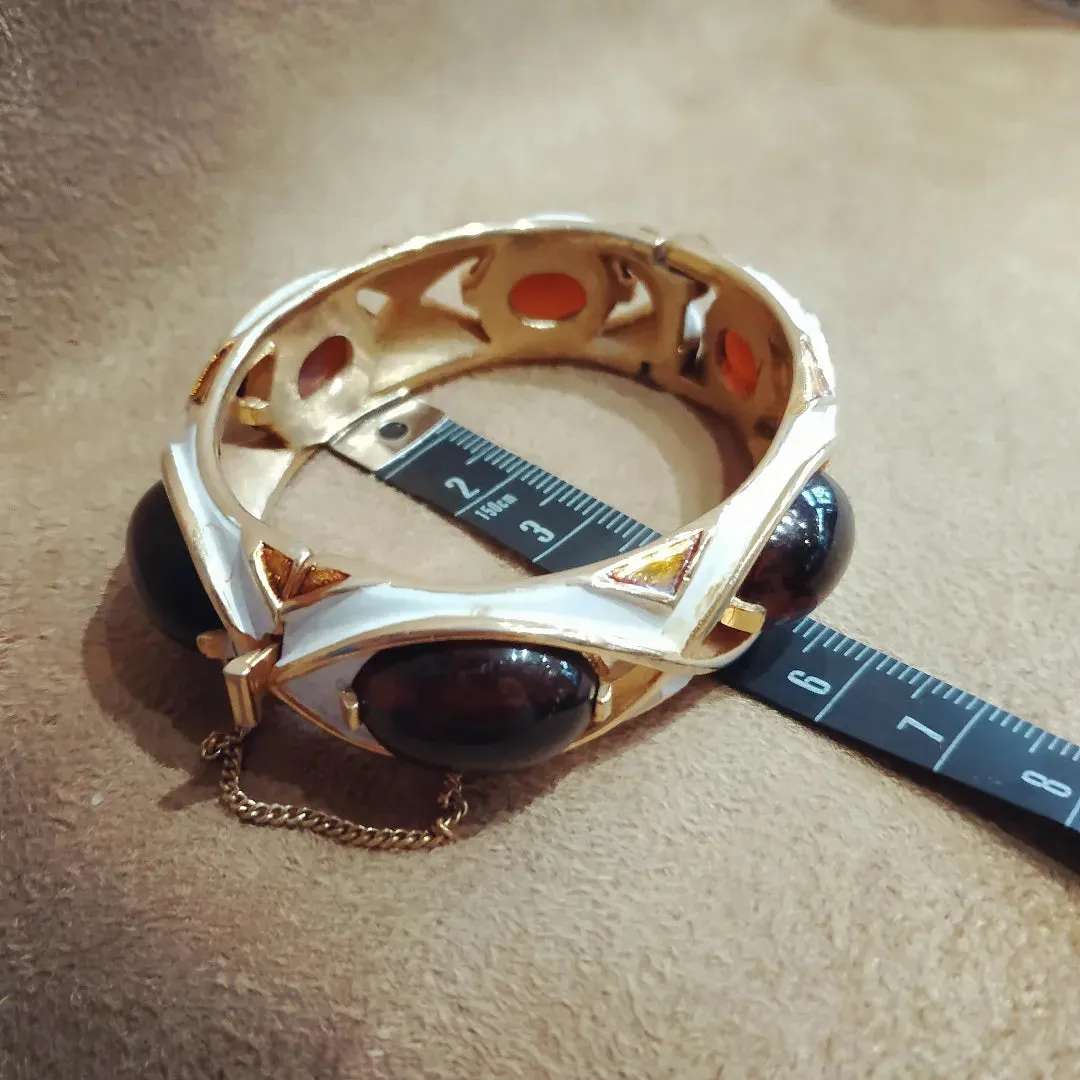 Trifari white enamel Amber brown clamper bangle