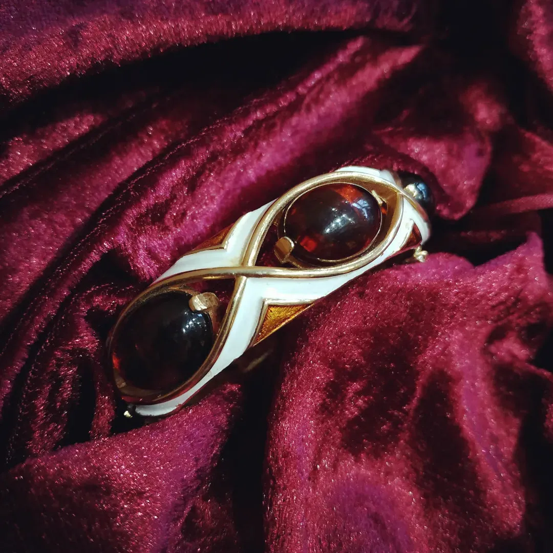 Trifari white enamel Amber brown clamper bangle