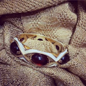 Trifari white enamel Amber brown clamper bangle
