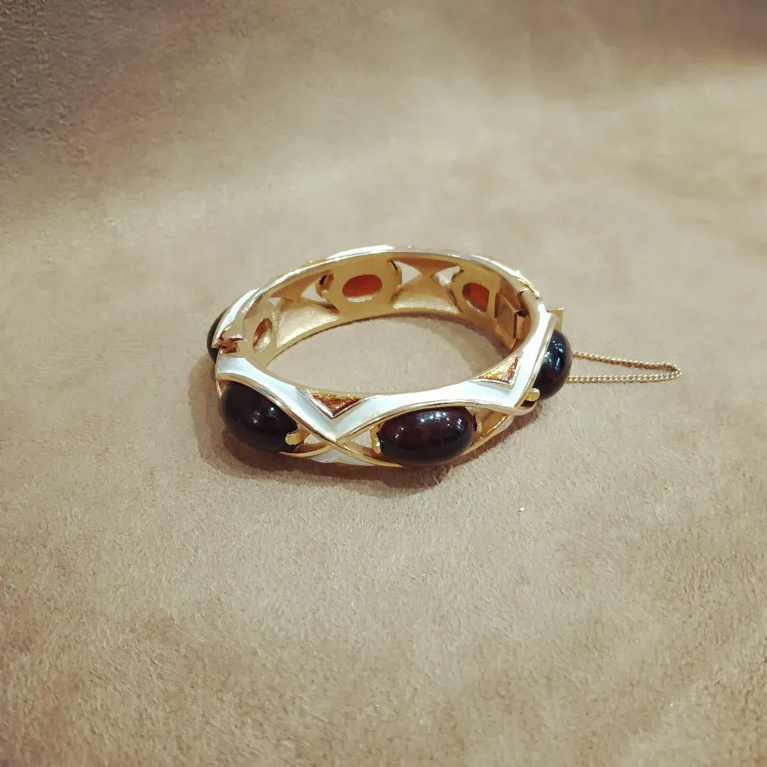 Trifari white enamel Amber brown clamper bangle