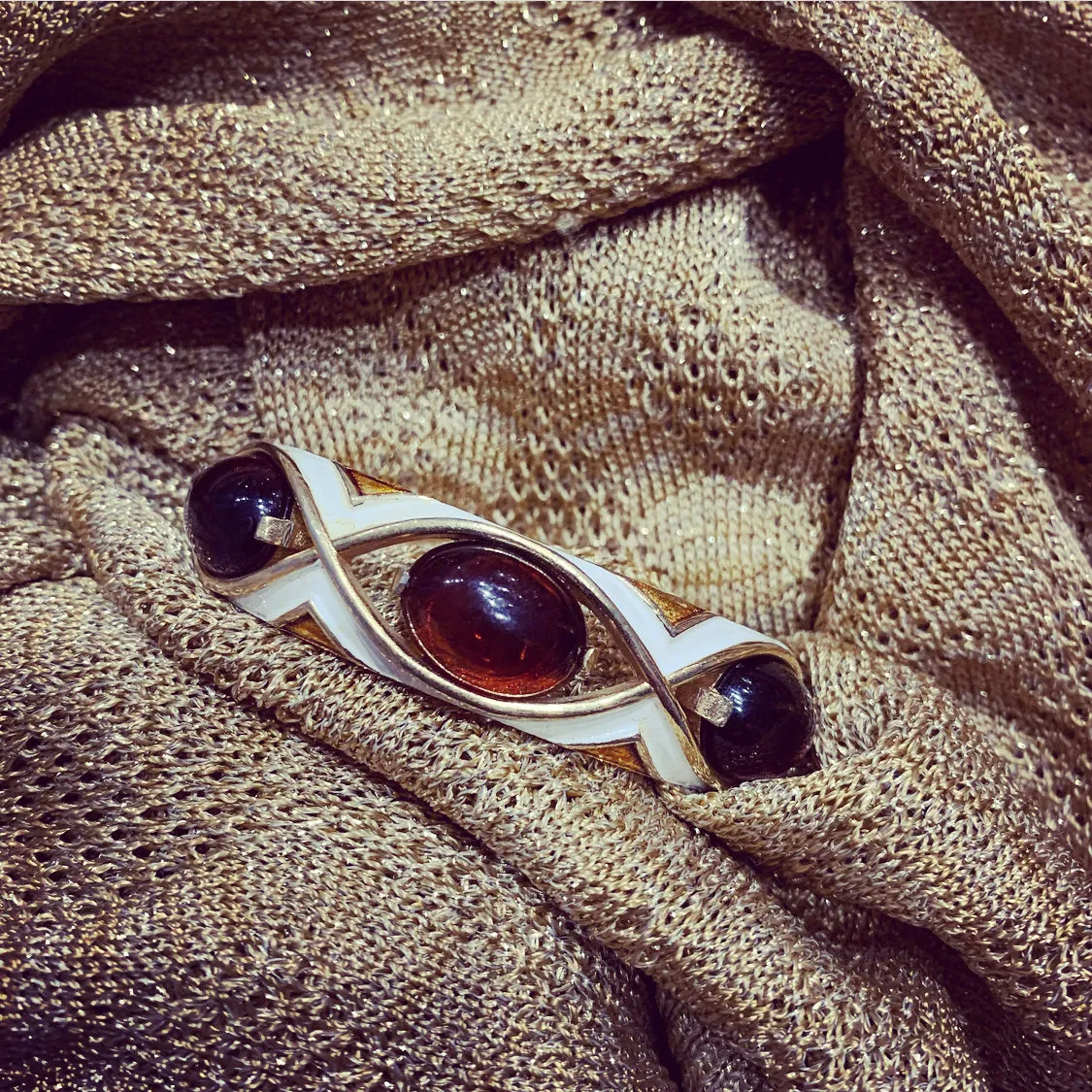 Trifari white enamel Amber brown clamper bangle