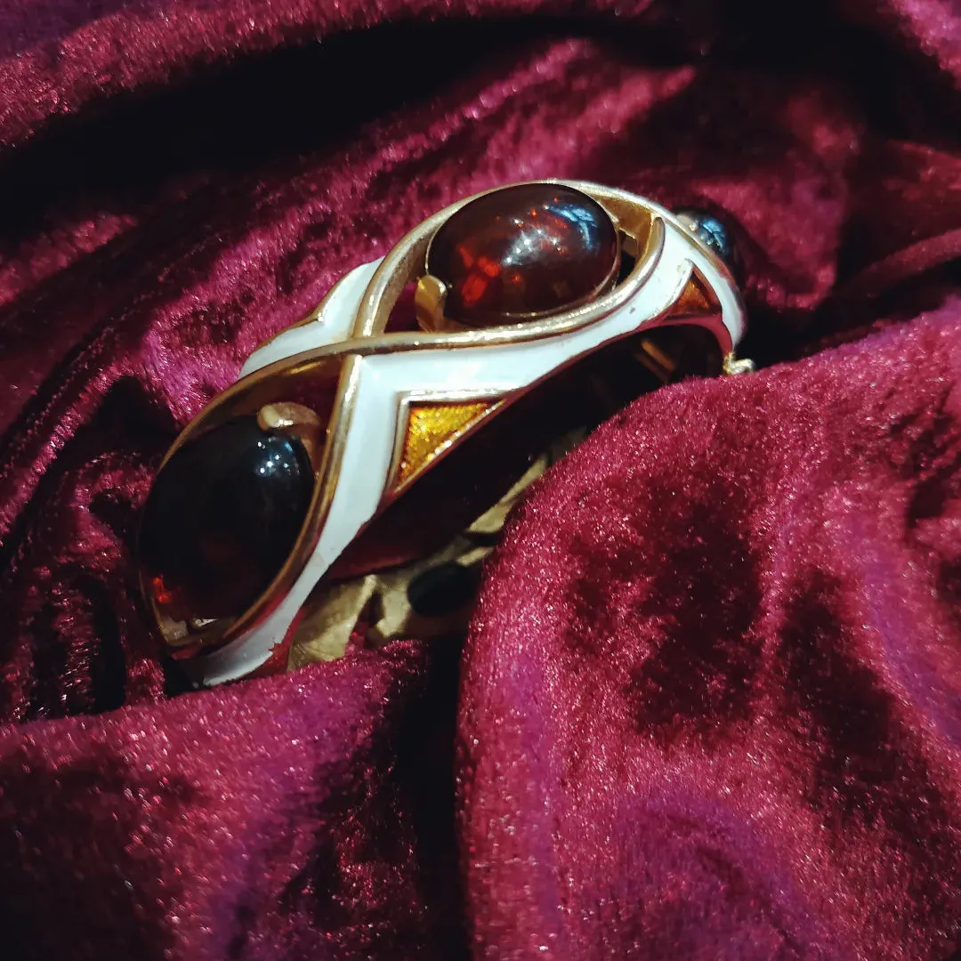 Trifari white enamel Amber brown clamper bangle