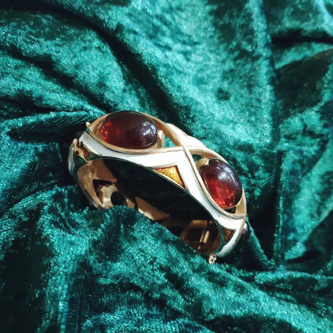 Trifari white enamel Amber brown clamper bangle