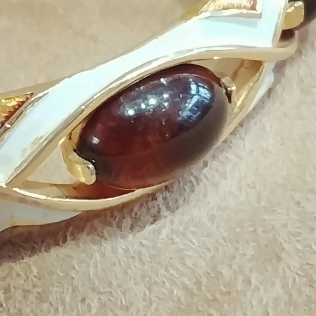 Trifari white enamel Amber brown clamper bangle