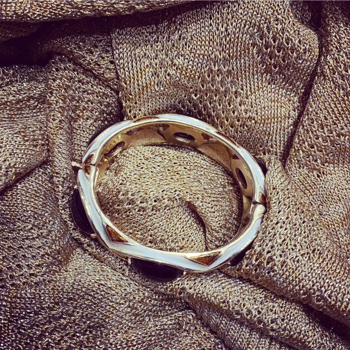 Trifari white enamel Amber brown clamper bangle