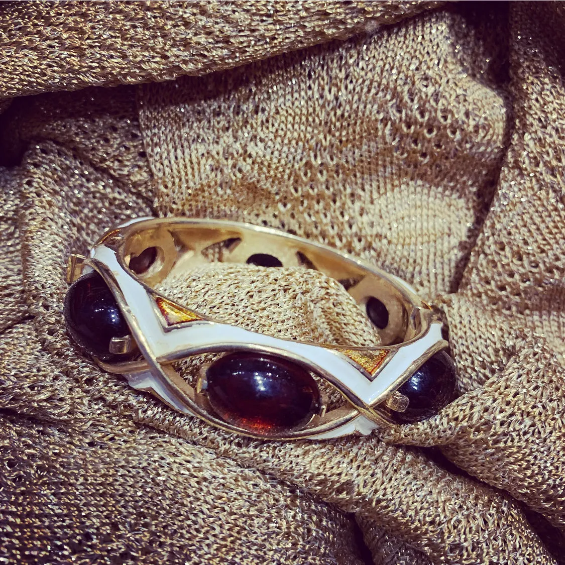 Trifari white enamel Amber brown clamper bangle