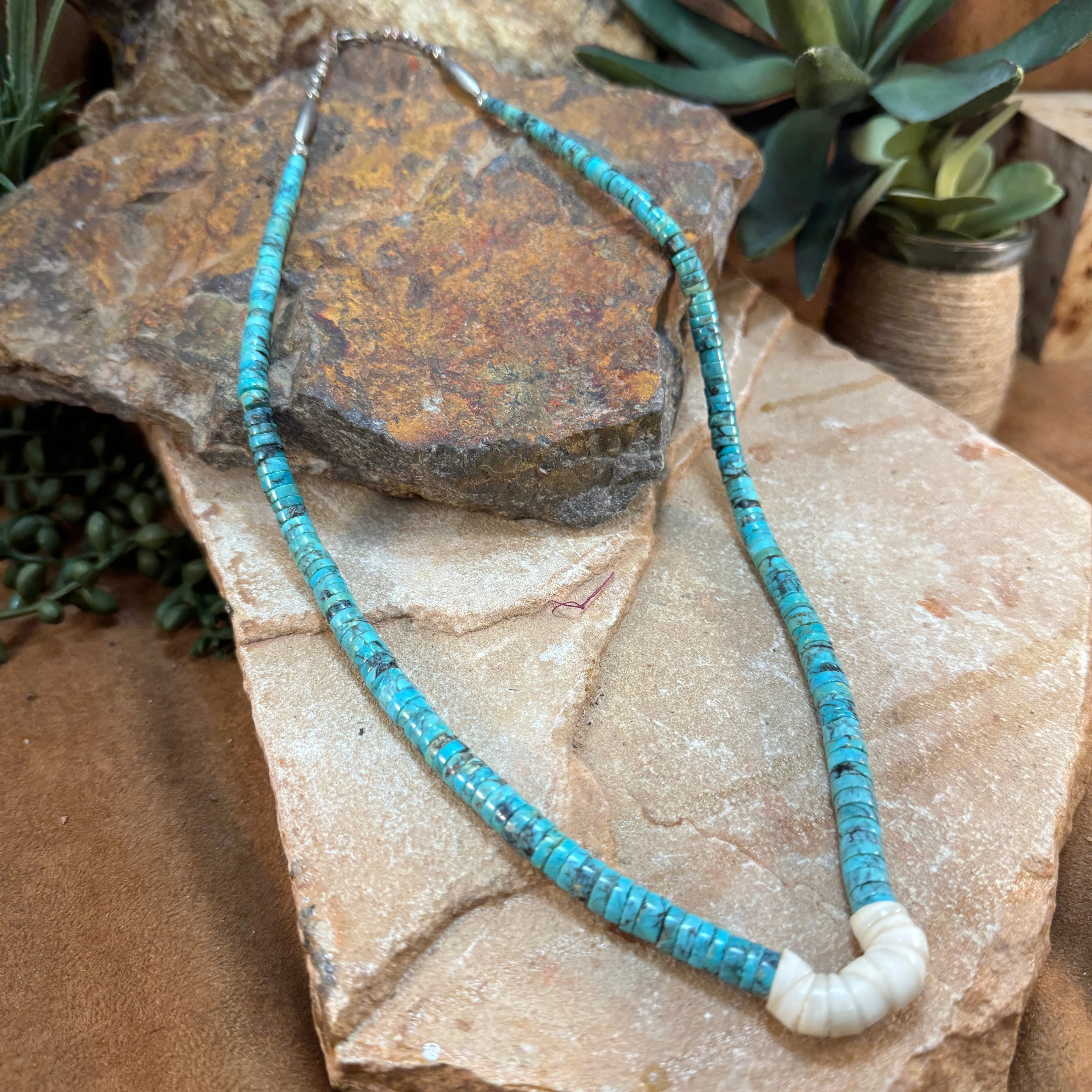 Vintage 23" Single Strand Turquoise and Shell Heishi Beaded Necklace - Estate Jewelry