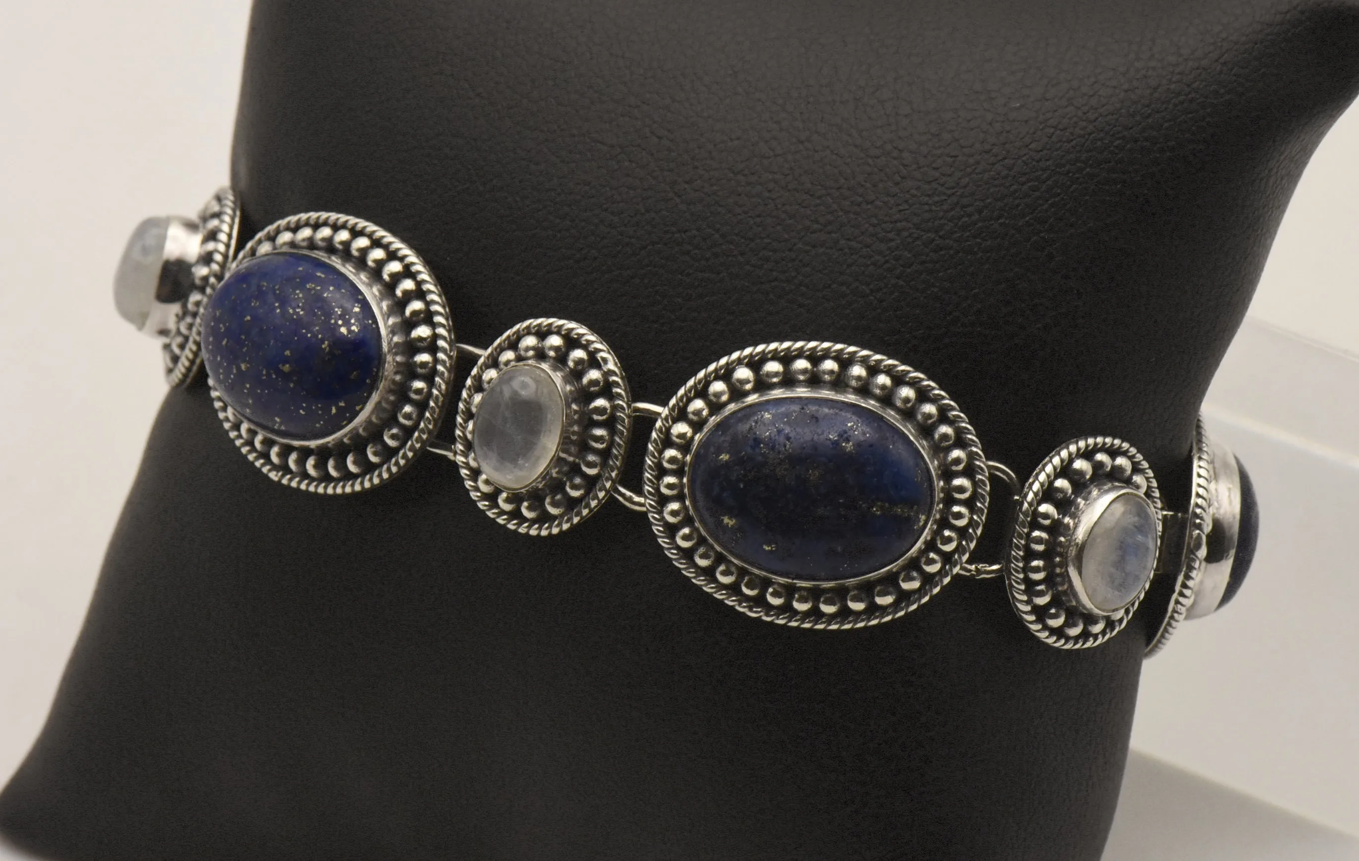 Vintage Handmade Lapis Lazuli and Moonstone Sterling Silver Link Bracelet