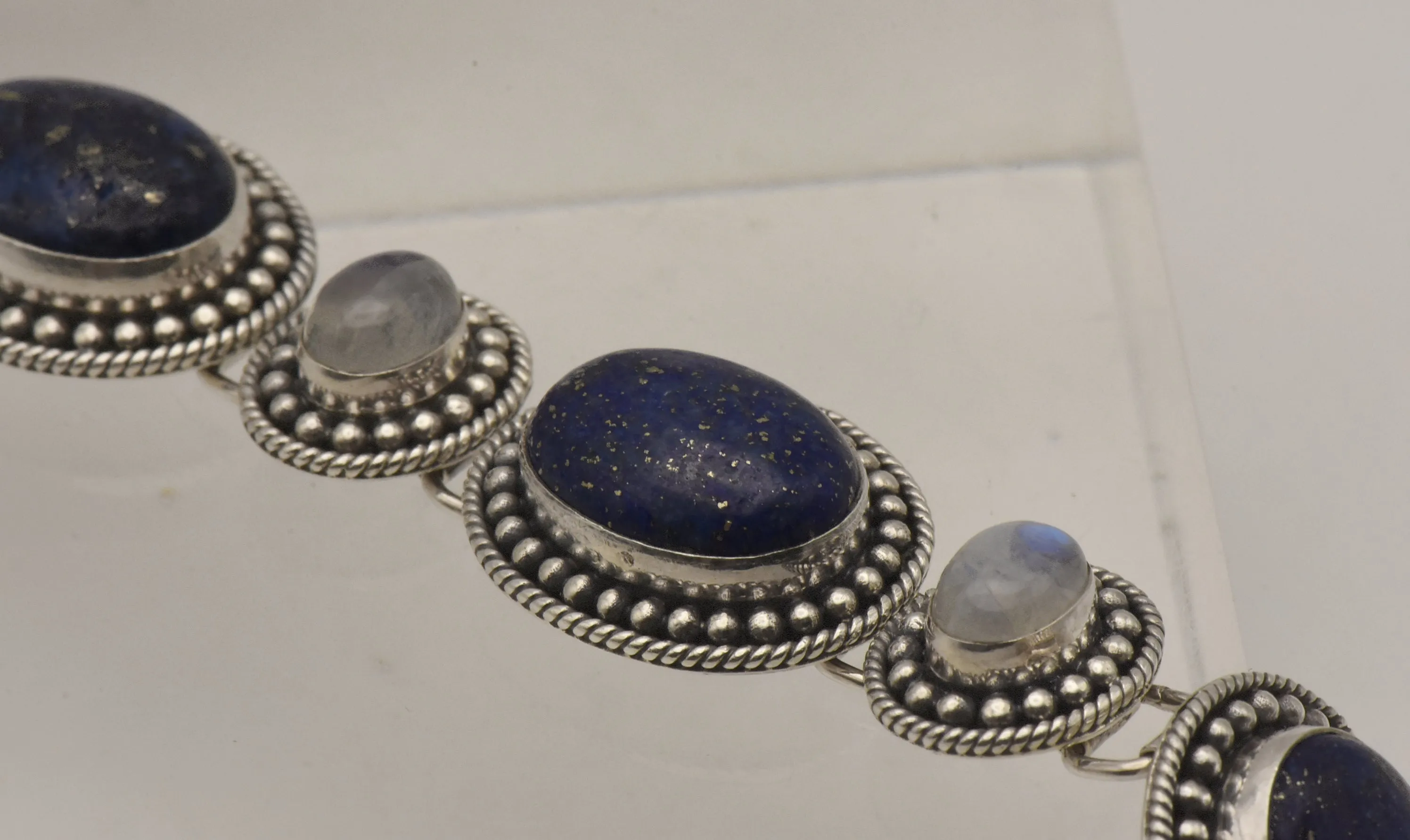 Vintage Handmade Lapis Lazuli and Moonstone Sterling Silver Link Bracelet