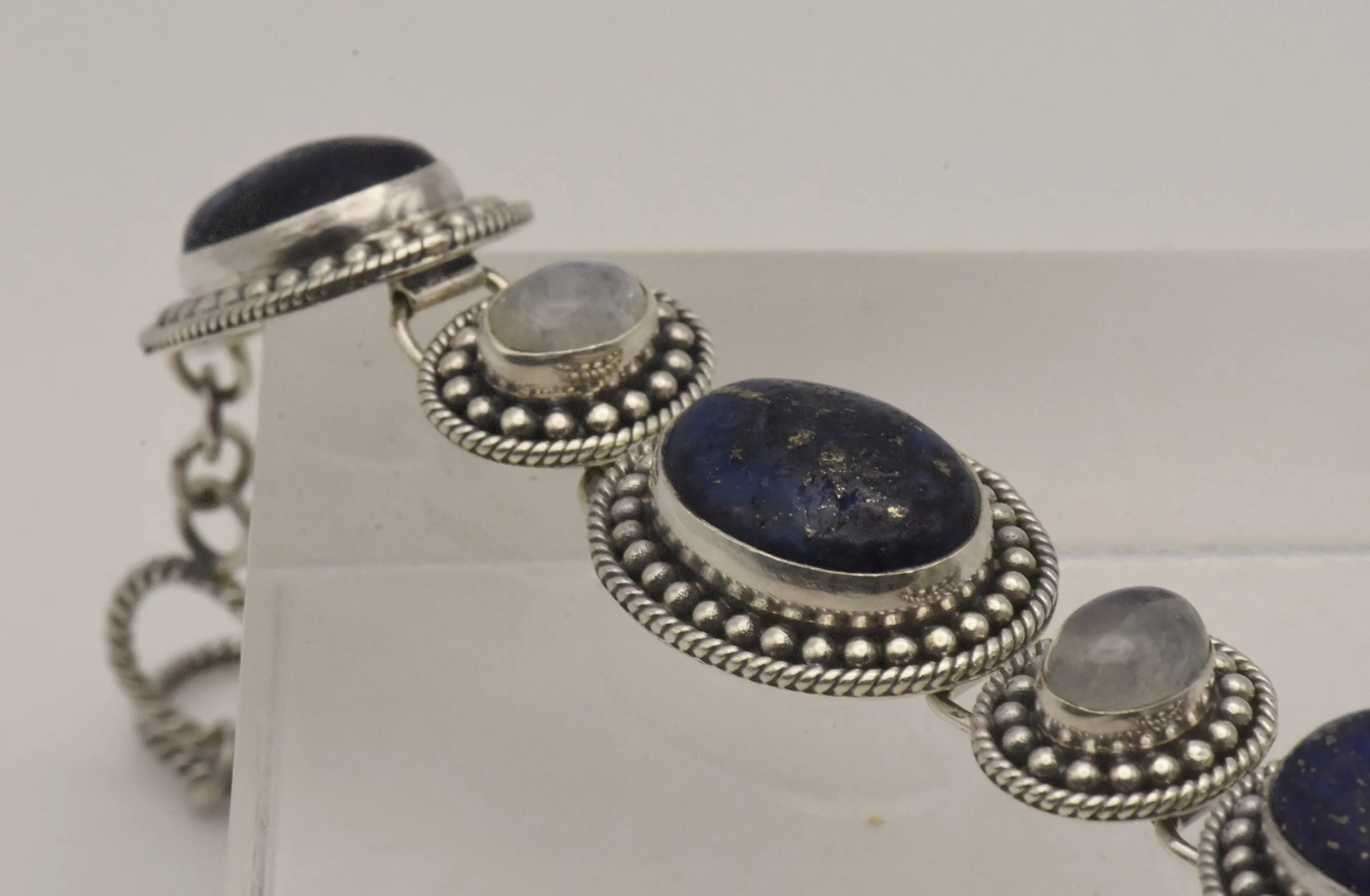 Vintage Handmade Lapis Lazuli and Moonstone Sterling Silver Link Bracelet