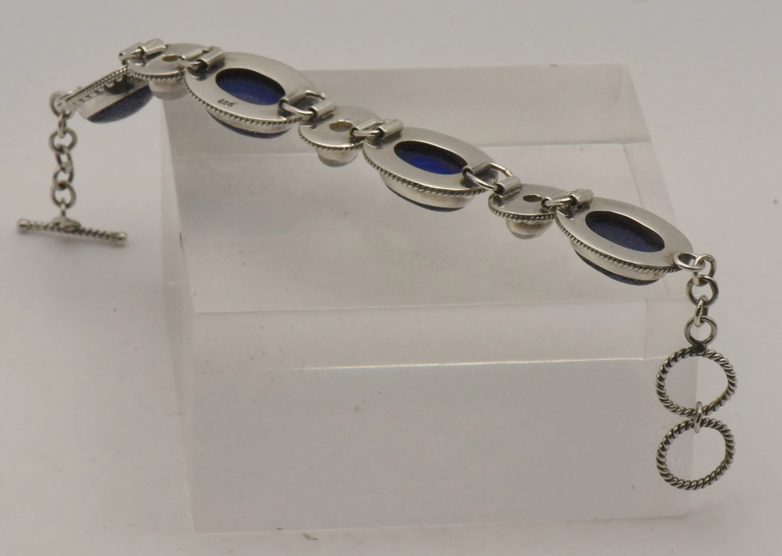Vintage Handmade Lapis Lazuli and Moonstone Sterling Silver Link Bracelet
