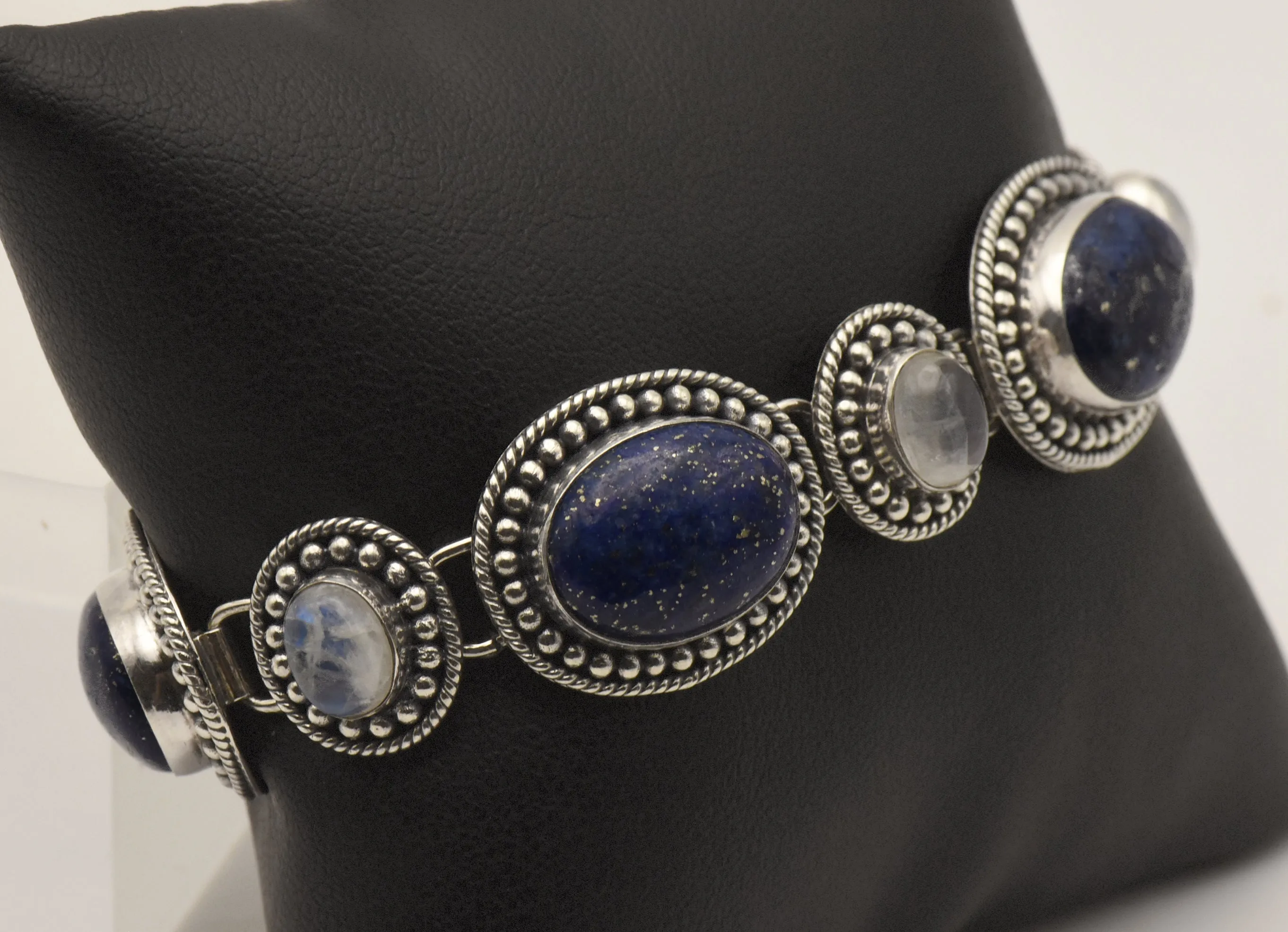 Vintage Handmade Lapis Lazuli and Moonstone Sterling Silver Link Bracelet