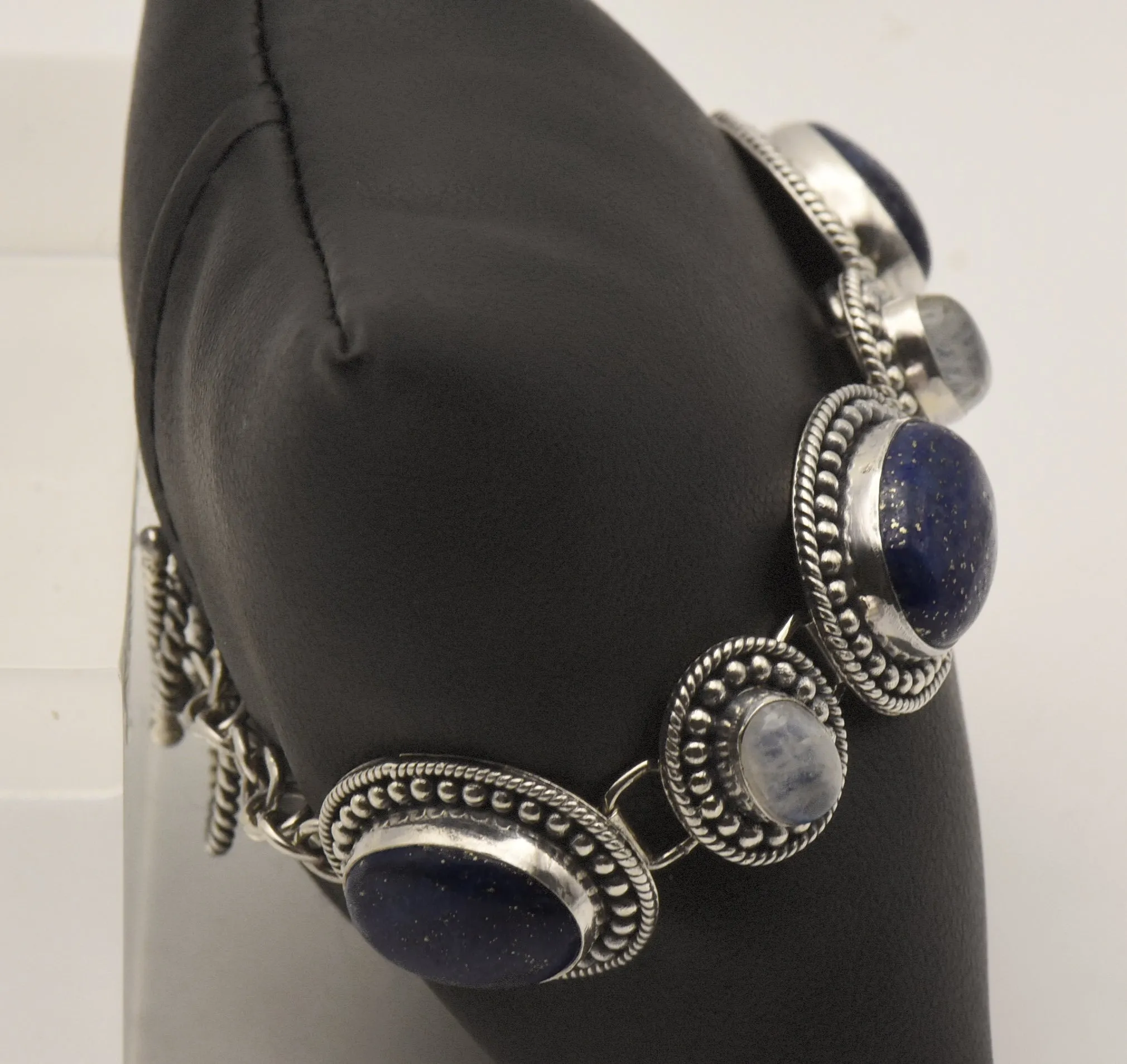 Vintage Handmade Lapis Lazuli and Moonstone Sterling Silver Link Bracelet