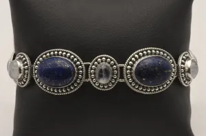 Vintage Handmade Lapis Lazuli and Moonstone Sterling Silver Link Bracelet