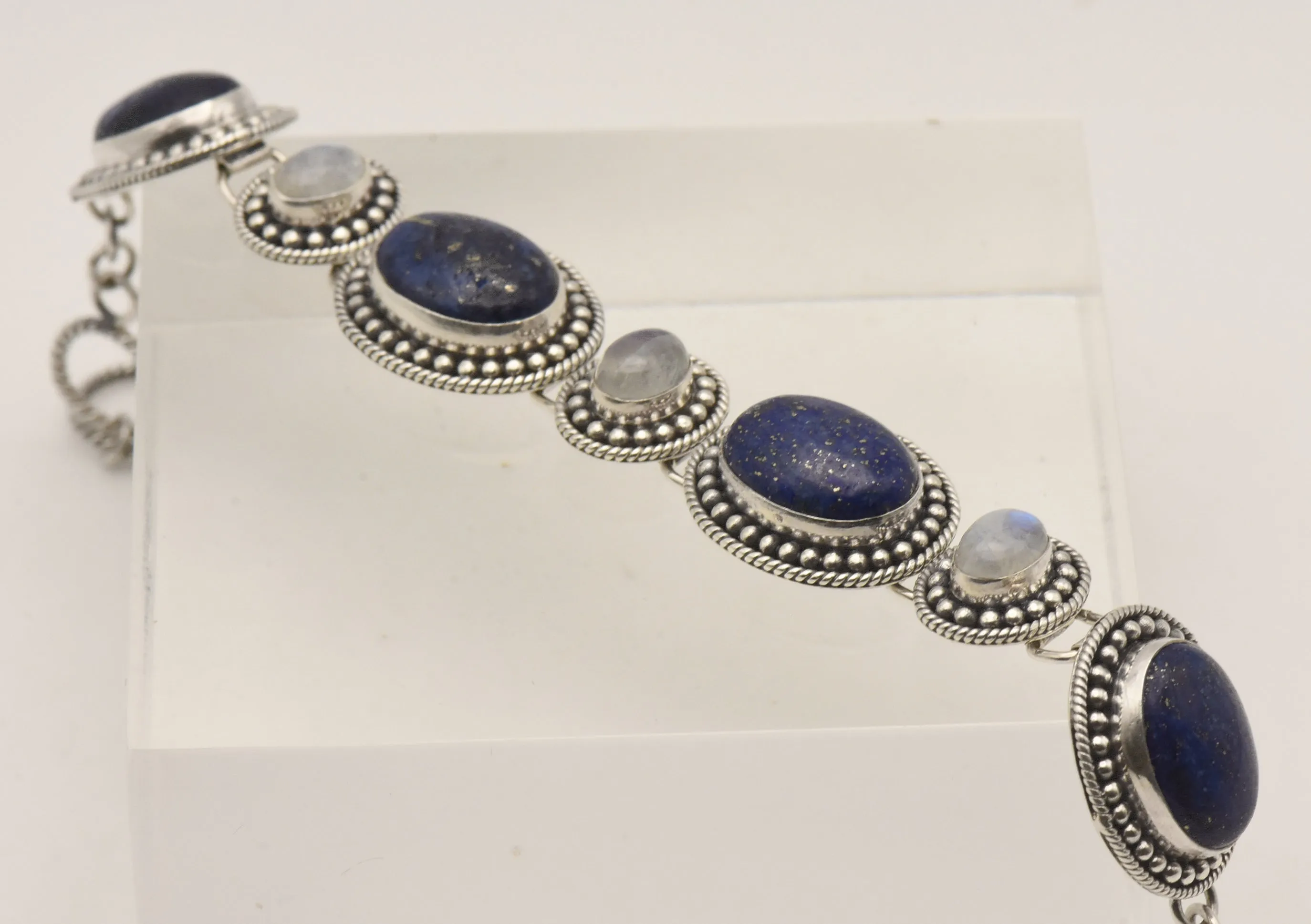 Vintage Handmade Lapis Lazuli and Moonstone Sterling Silver Link Bracelet