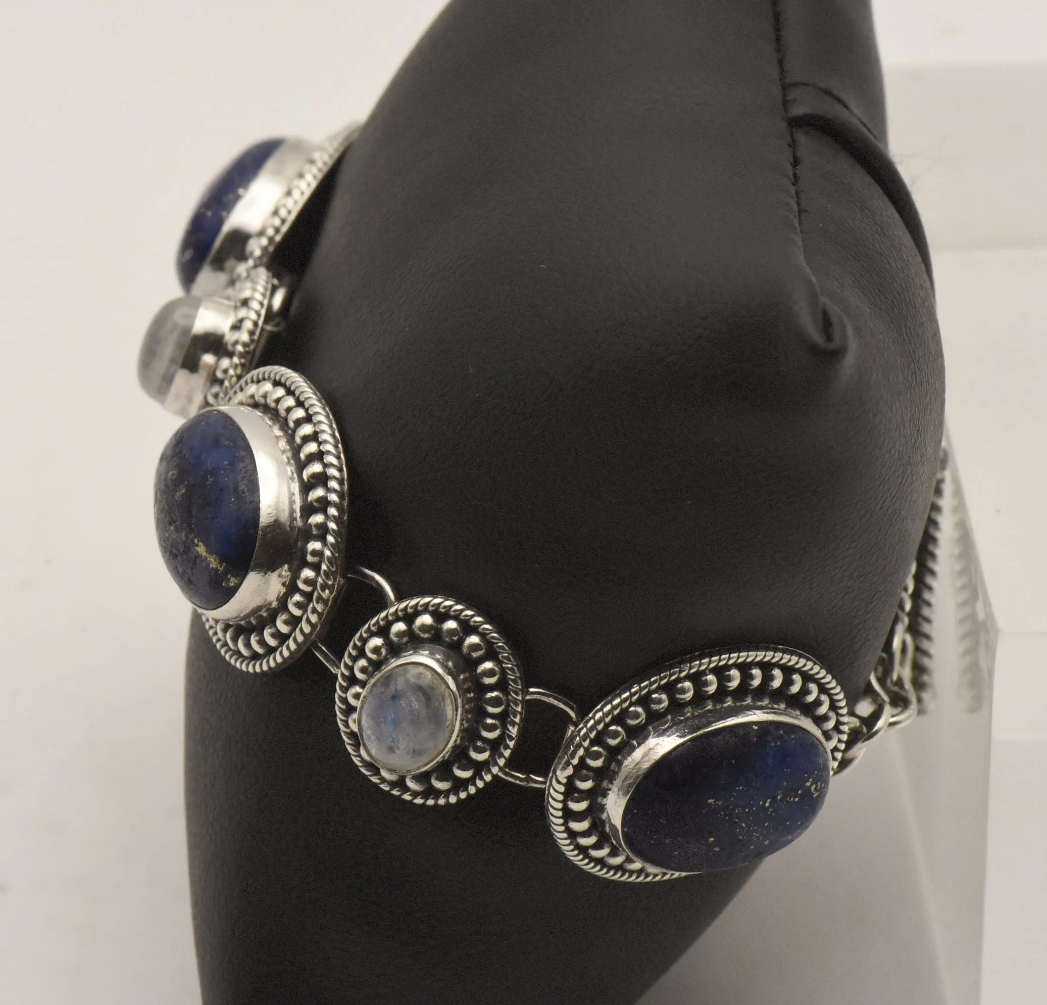 Vintage Handmade Lapis Lazuli and Moonstone Sterling Silver Link Bracelet