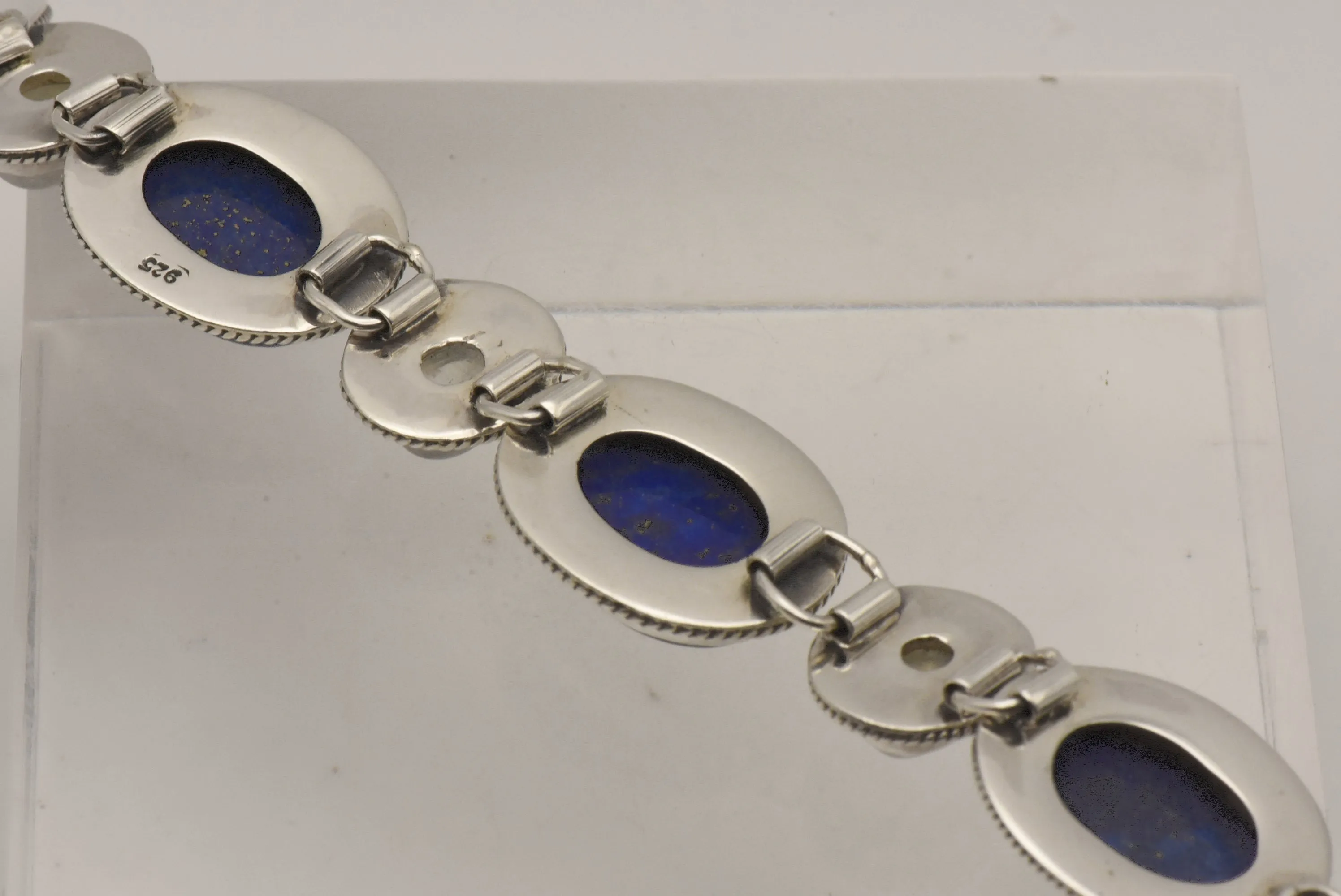 Vintage Handmade Lapis Lazuli and Moonstone Sterling Silver Link Bracelet