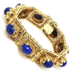 Vintage Lapis Lazuli Filigree Link Bracelet 14K Yellow Gold