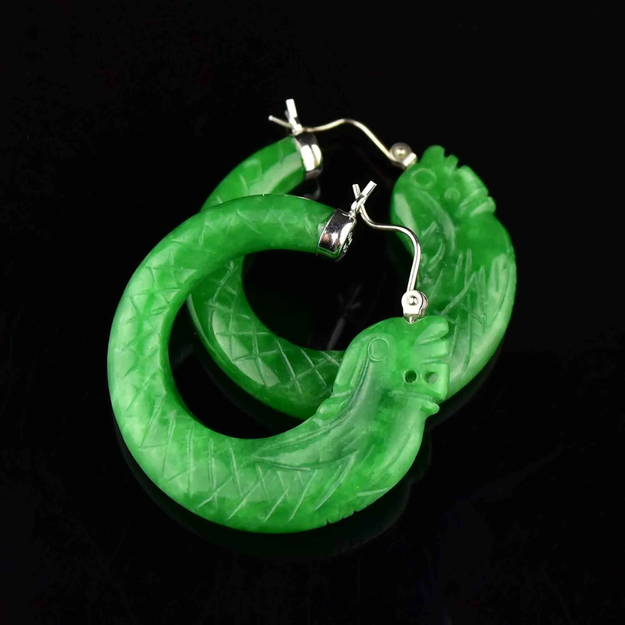Vintage Silver Carved Fish Jade Hoop Earrings