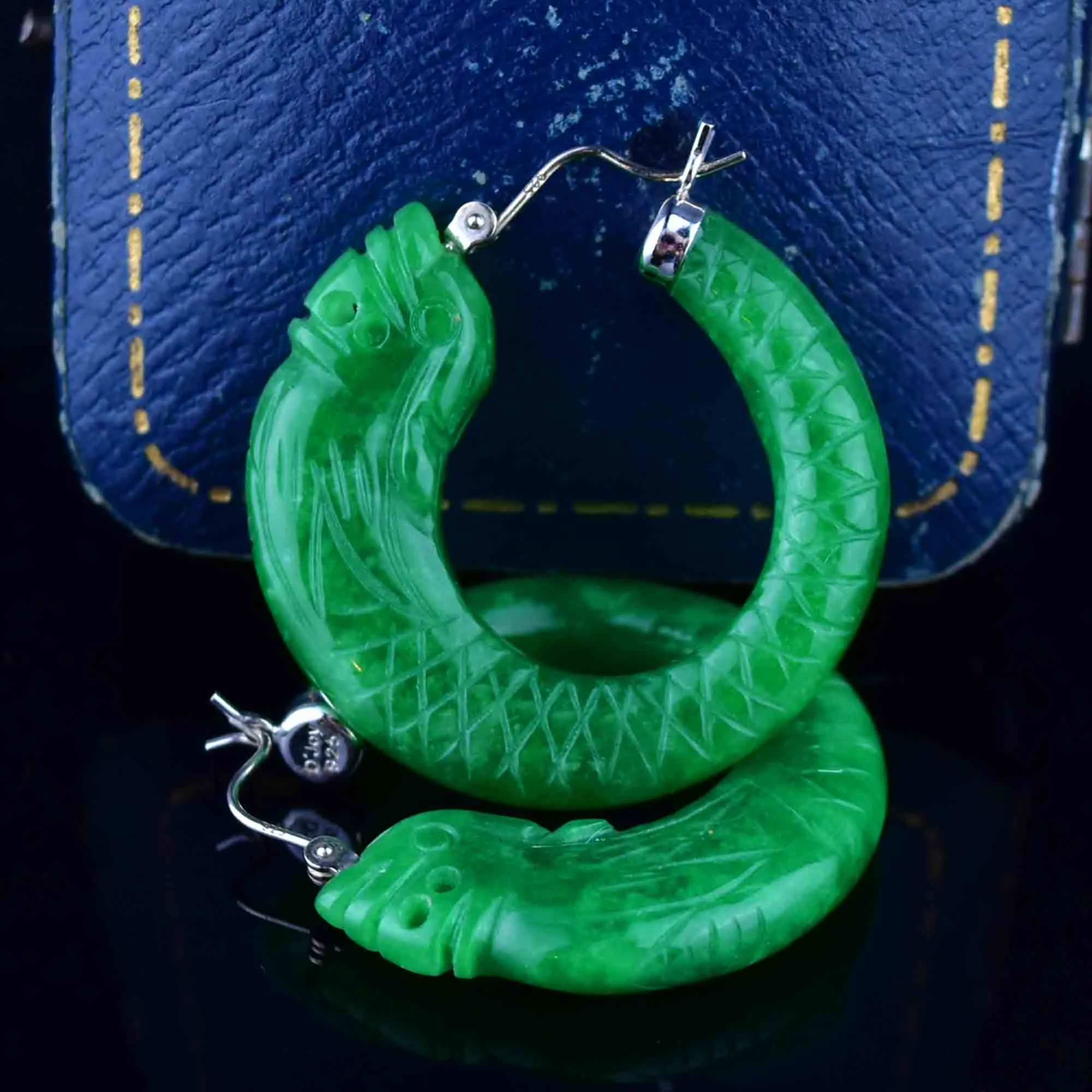 Vintage Silver Carved Fish Jade Hoop Earrings
