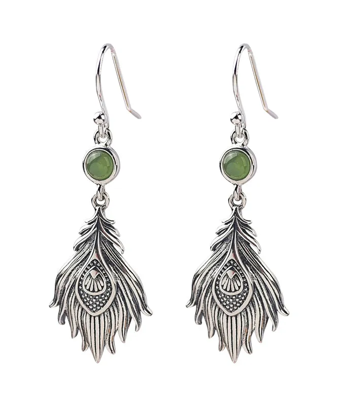 Vintage Sterling Silver Jade Feather Drop Earrings PO073
