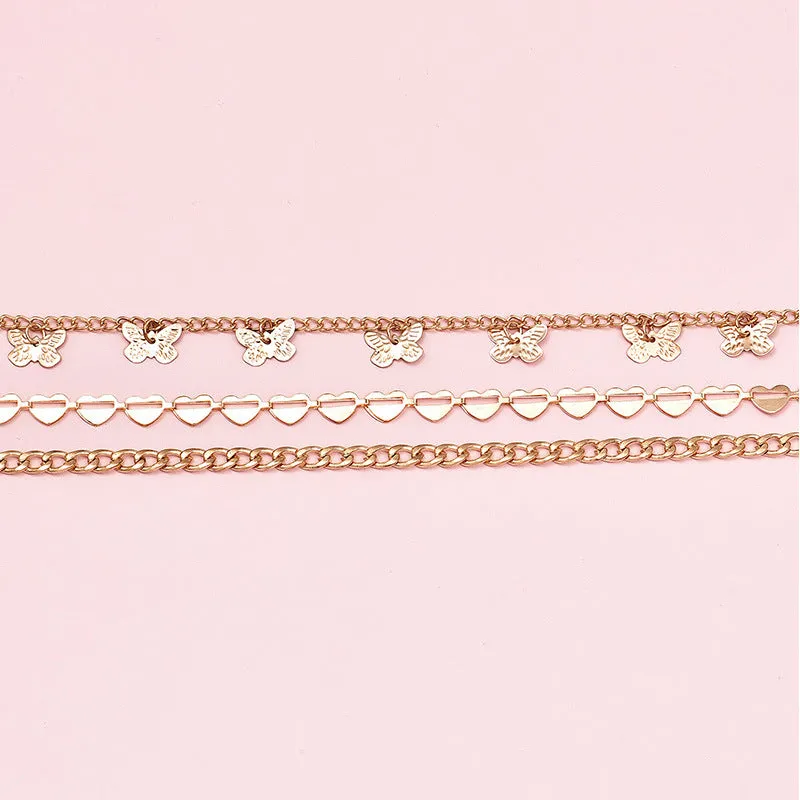 Women's Chain, Butterfly & Heart Multi-Layer Anklet Set