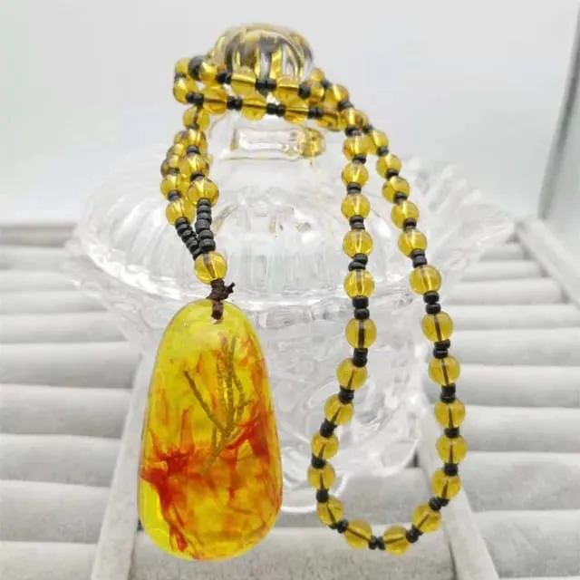 Yellow Brazilian Amber Plant Fossil Necklace Natural Stone Handmade Beaded Pendant Jewelry Gift