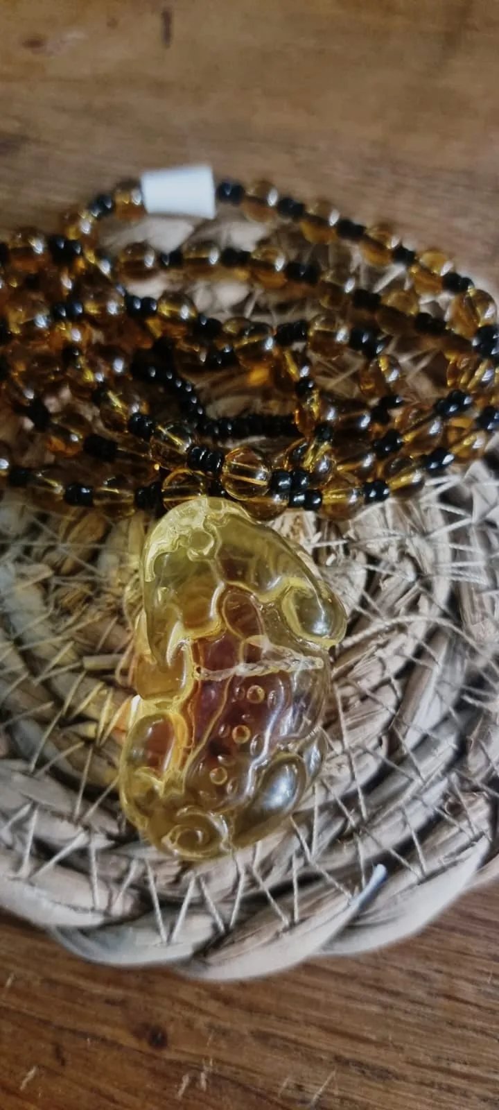 Yellow Brazilian Amber Plant Fossil Necklace Natural Stone Handmade Beaded Pendant Jewelry Gift